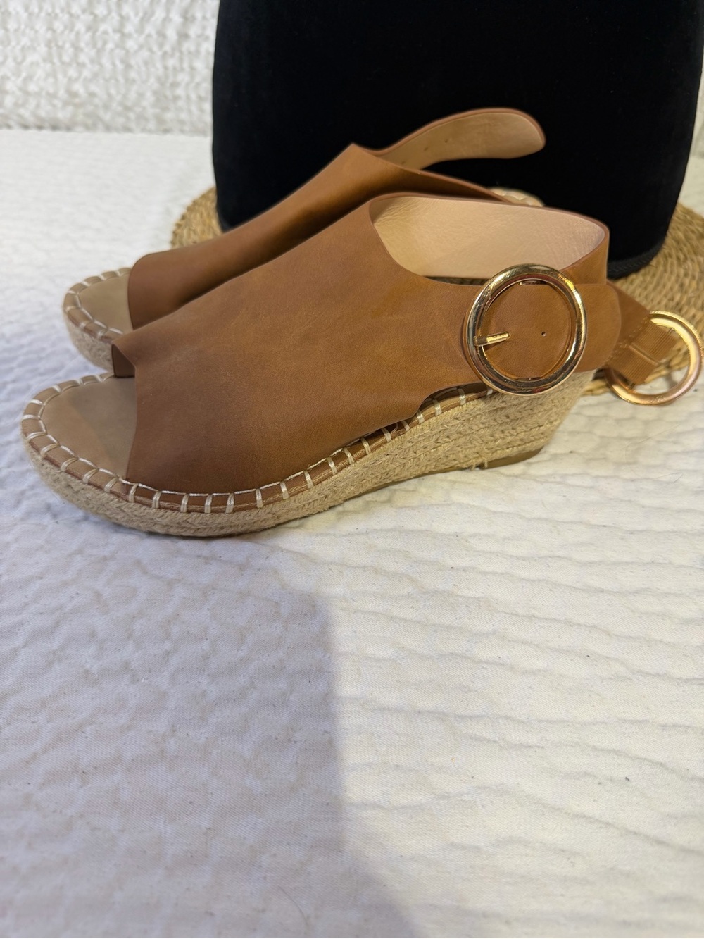 Catherines Tan Espadrille Wedge Sandals with Gold Buckle